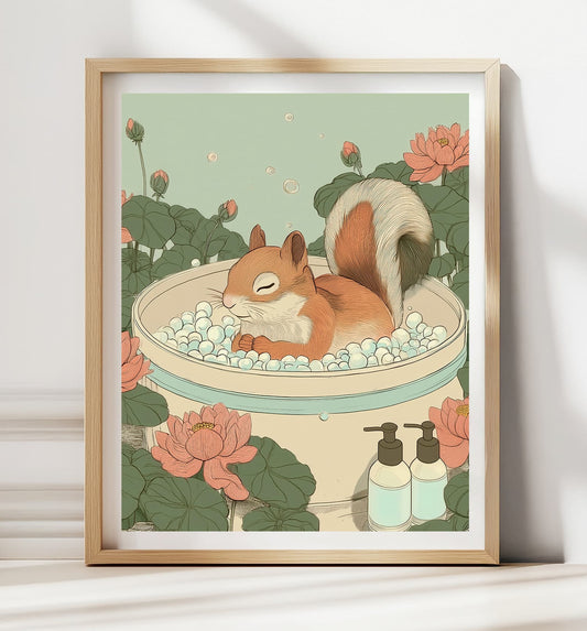 squirrel in bathtub wall art print japanese vintage art